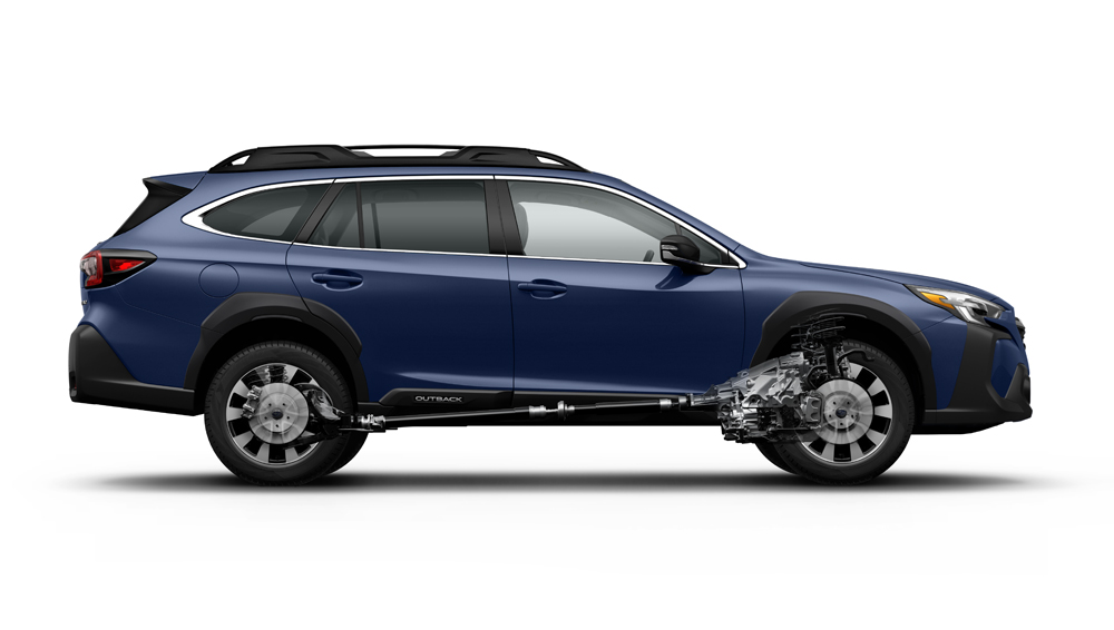 Side shot of 2025 Outback with cut-away showing transmission and driveshaft.