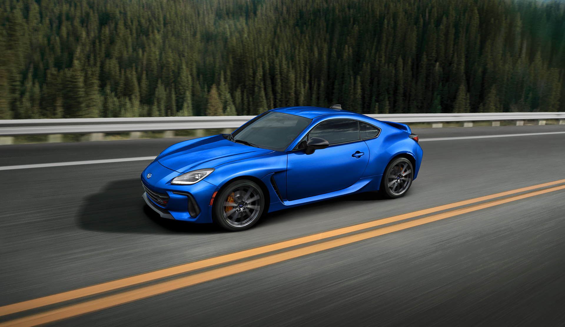 2025 BRZ tS driving on the road, front quarter showing.