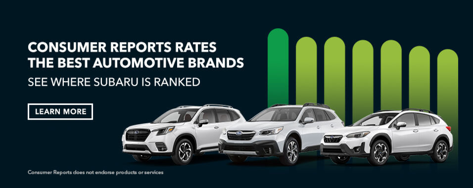Consumer Reports rates the best automotive brands. White Subaru Forester, Outback and Crosstrek are shown.