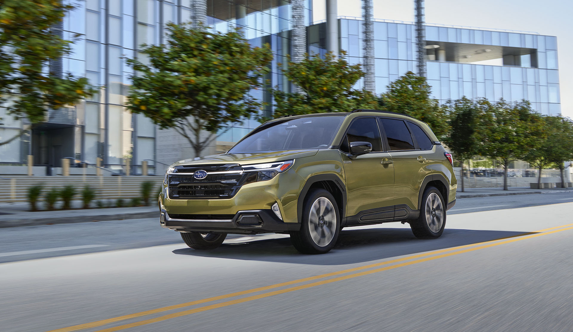 2025 Forester e-BOXER Hybrid driving on city road. 