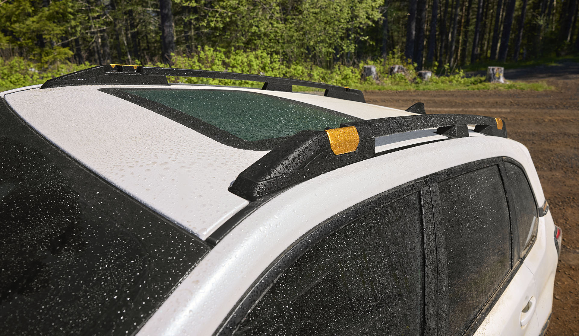 Closeup shot of the 2026 Subaru Forester Wilderness roof rails with unique accents.