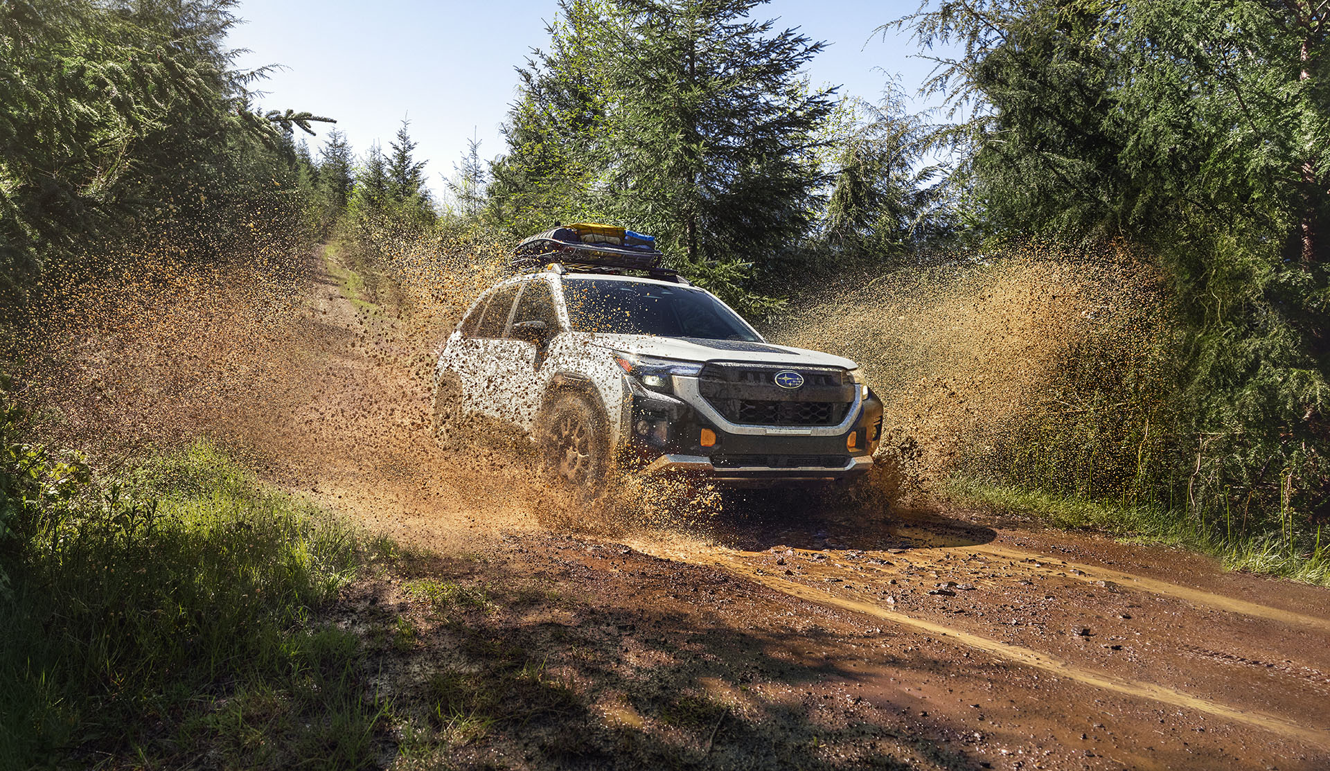 2026 Subaru Forester Wilderness splashing through a wet and muddy trail.